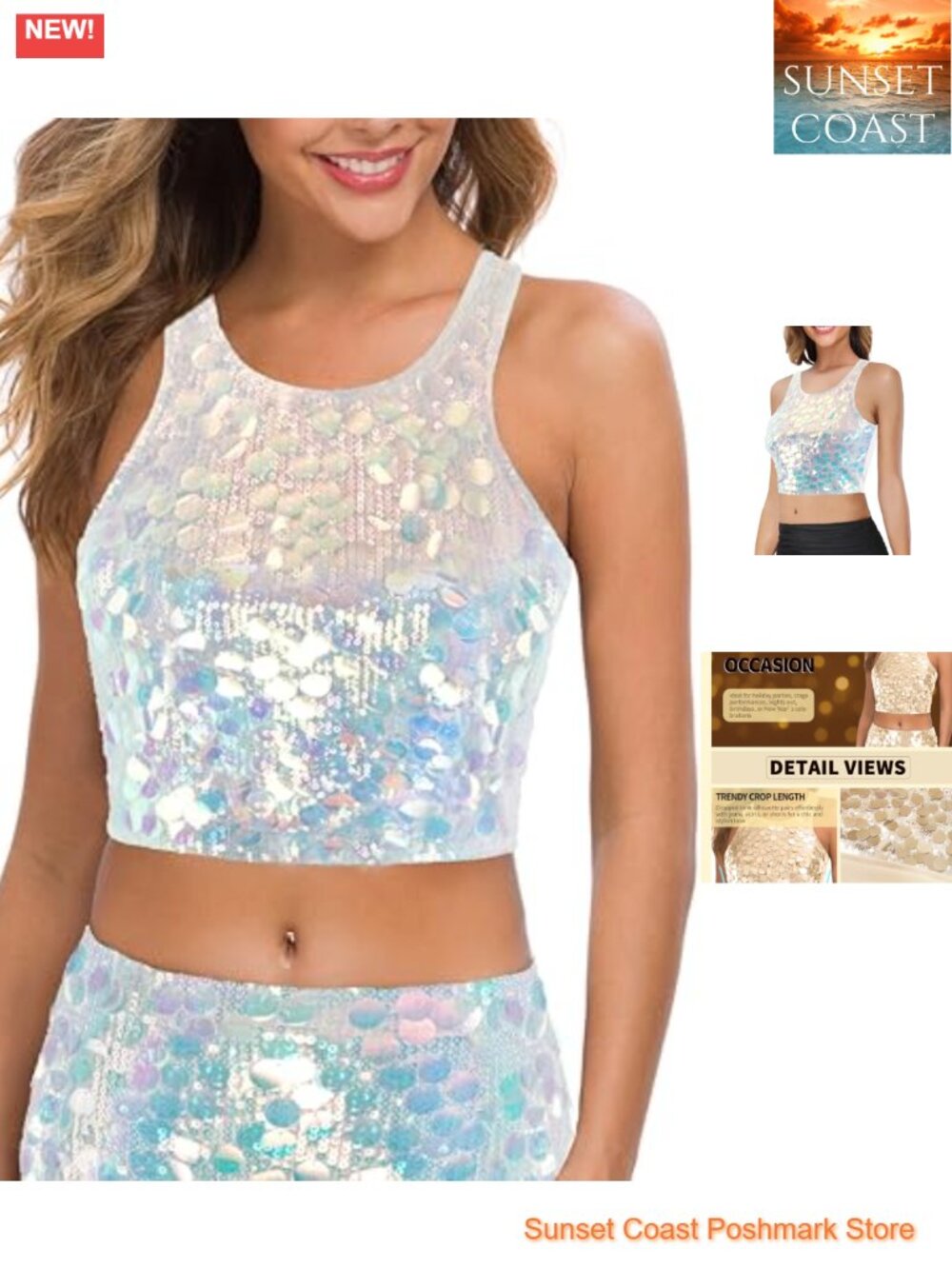 Sequin Crop Top Sparkle Tank Sleeveless Party Club Tops